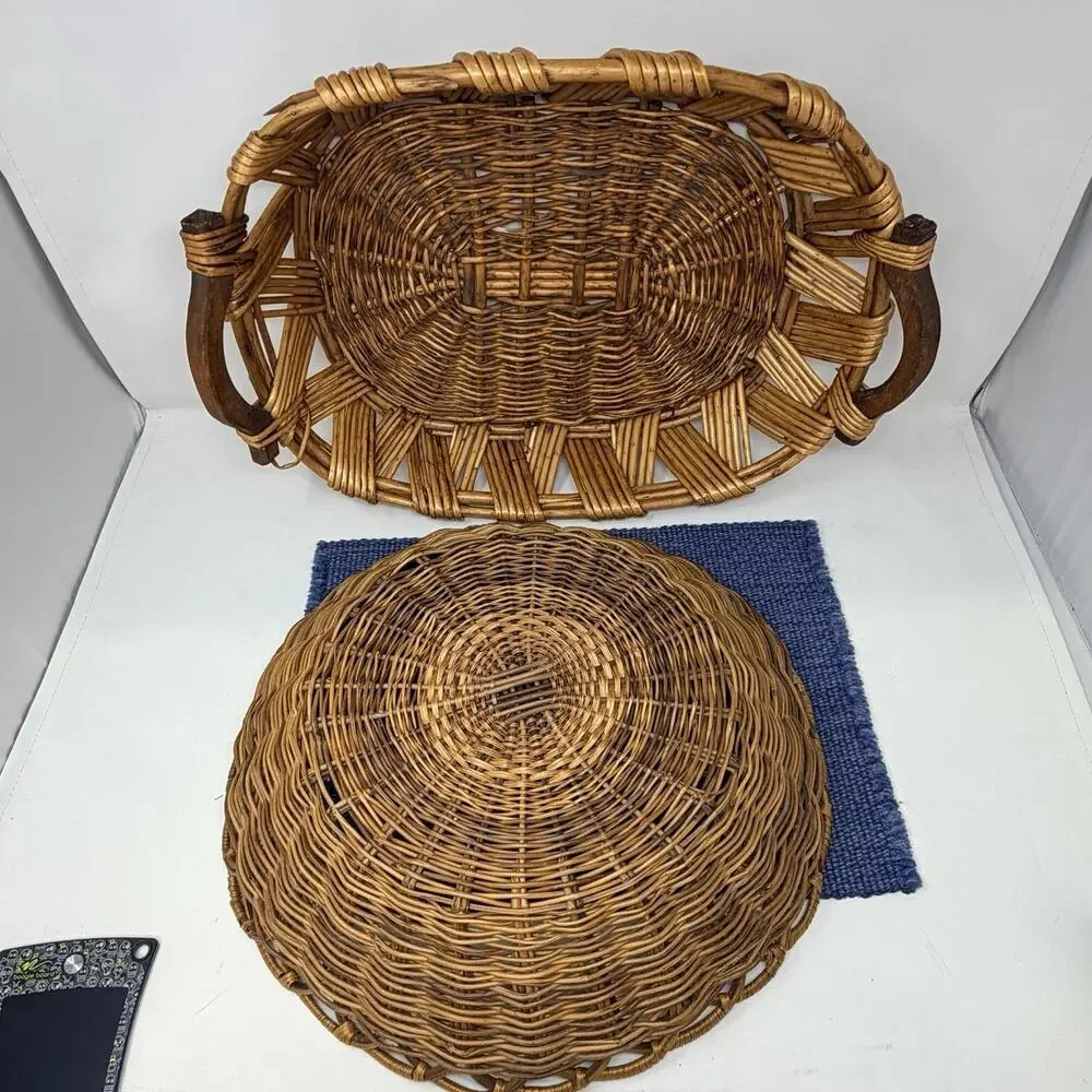 VTG Wicker Basket Double Handles Rustic Farmhouse Decor Serving Bowl Woven PAIR